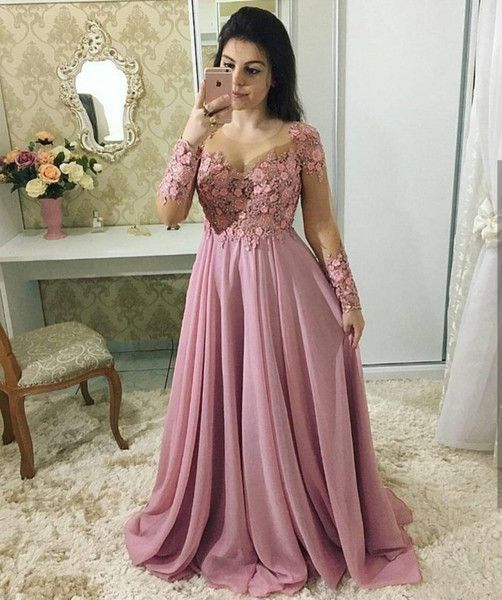 Graceful Mother Of The Bride Dresses A-Line Long Sleeve Appliques Scoop Neck Lace Mother Dresses Formal prom Dresses cg6507