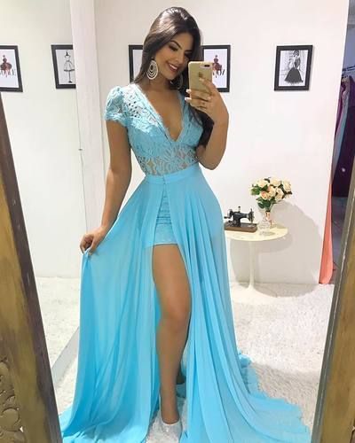 Blue Long Prom Dress Sexy Lace Deep V Neck Capped Sleeves Detachable Sweep Train Chiffon Formal Evening Dresses cg6508
