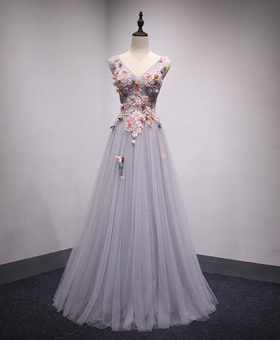 GRAY TULLE LONG A-LINE SENIOR PROM DRESS WITH PINK APPLIQUES cg6517