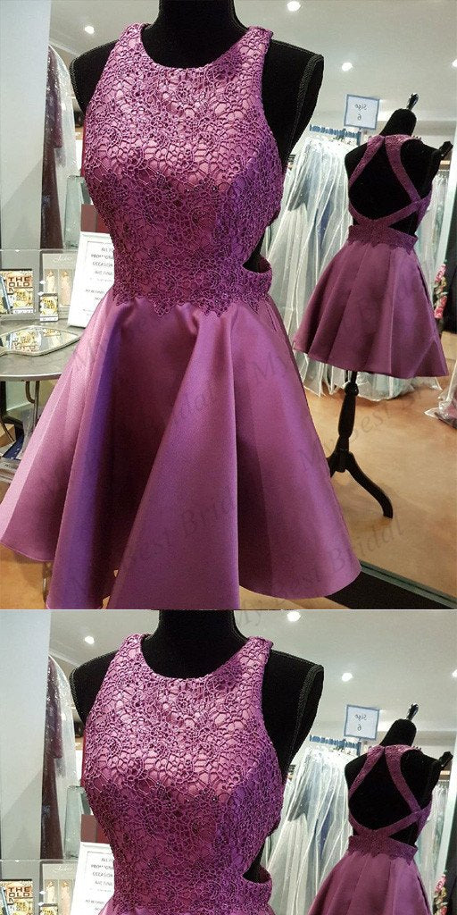 Stunning Purple Lace Applique Homecoming Dresses With Beading,Short homecoming Dresses cg652