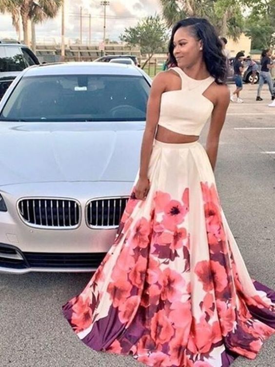 A Line 2 Pieces White Prom Dress Floral Skirt, 2 Pieces Floral Formal Dress cg6547