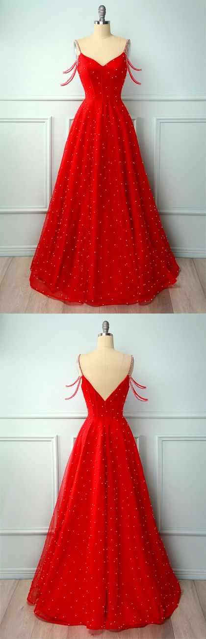 Red A Line Spaghetti Straps Beaded Long Prom Party Dress cg6548