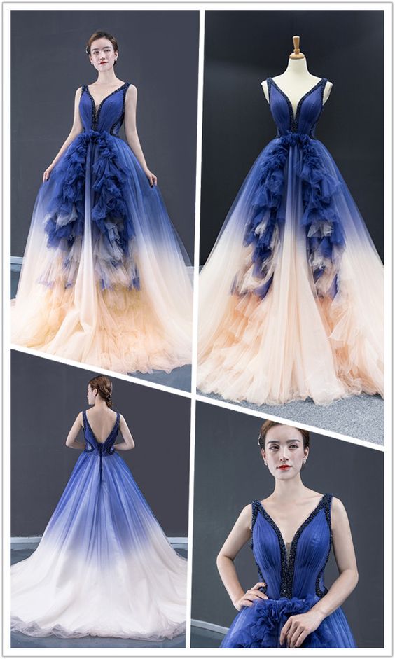 V-neck A-line Prom Dresses With Ruffles Tulle Beaded Evening Gowns cg6560