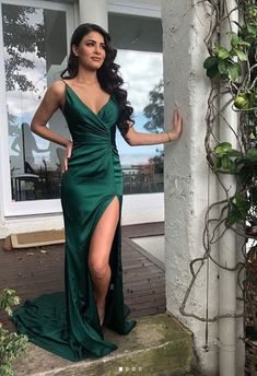 Emerald green long prom dress with split cg6615