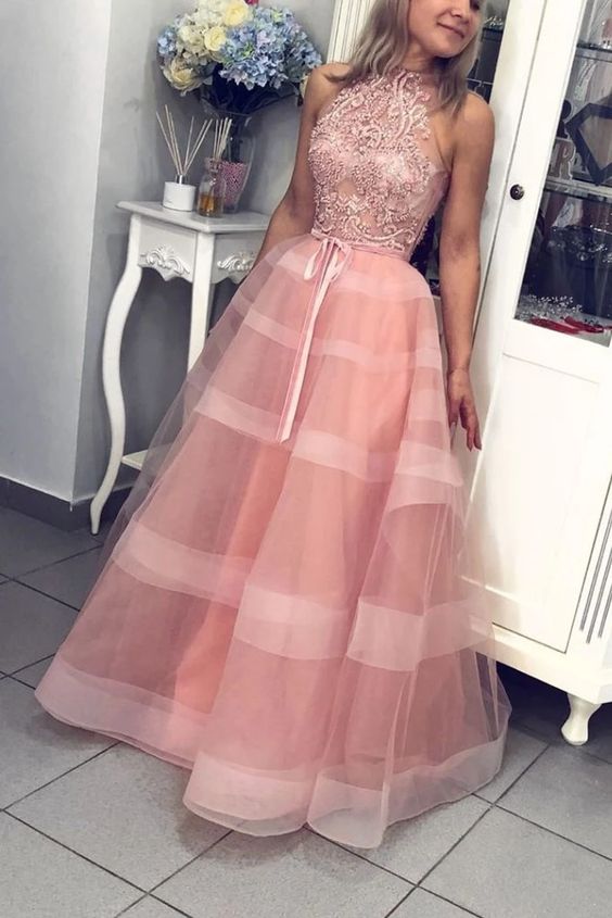 Pink high neck tulle lace long prom dress pink evening dress cg6630