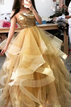Spaghetti-straps Gold Long Prom Dress, Sweet 16 Dance Dress cg6637