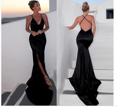 Mermaid Black Prom Dress, V-neck Satin Prom Dresses, Backless Long Prom Gown cg6646