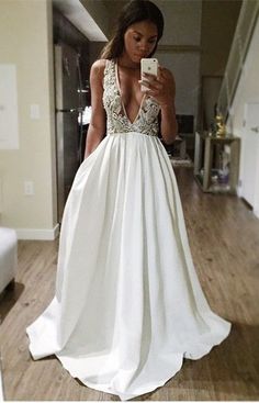 A-Line Deep V-Neck Sweep Train Backless Ivory Satin Prom Dress with Appliques Beading cg6648