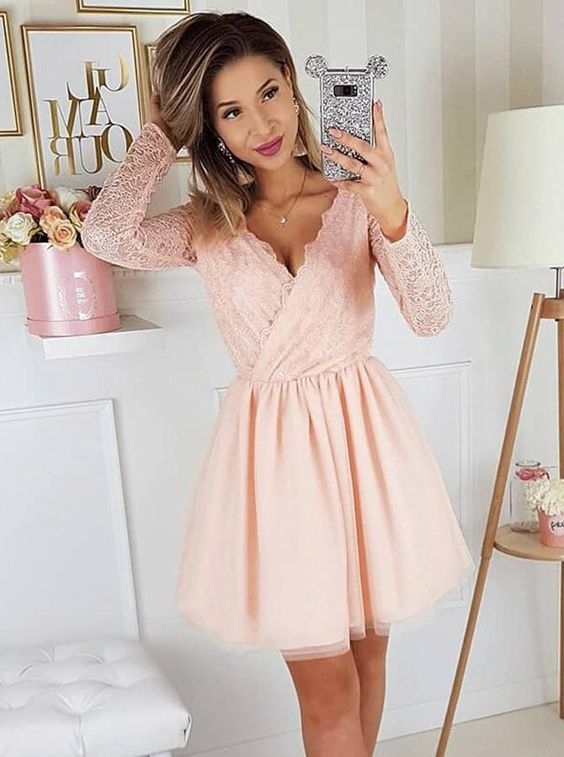 Ball Gown Dresses, A-Line V-Neck Pink Long Sleeves Homecoming Party Dress with Lace cg6651