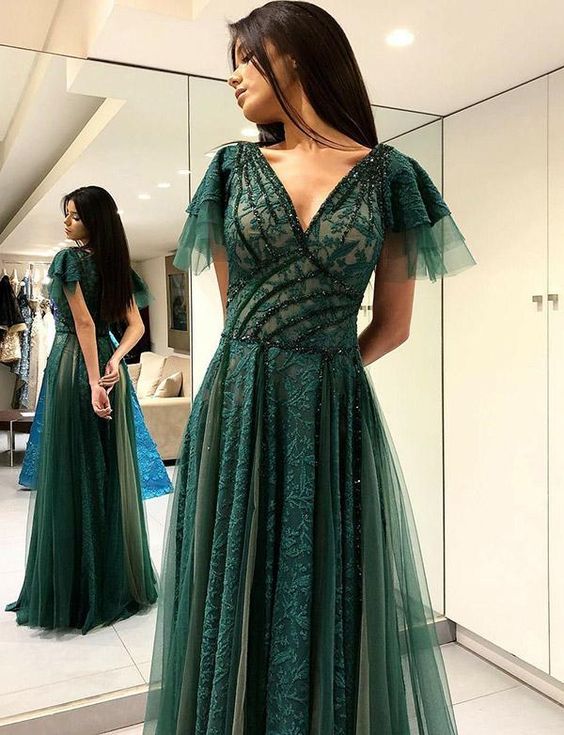 V-Neck Dark Green Evening Dress with Beading Appliques Long Prom Dress cg6652