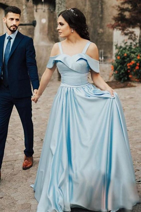 Satin Light Blue Prom Gowns with Folded Neckline Sweetheart Long Prom Dresses cg6656