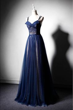 Navy Blue Tulle V Neck Long Women Prom Dress, Lace Up Evening Dress cg6665
