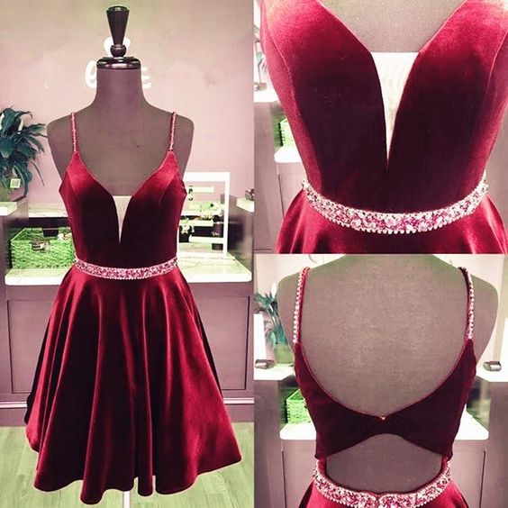 Plus Size Dresses, Cheap A Line Burgundy Sweetheart Spaghetti Straps Velvet Knee Length Short homecoming Dresses cg6670