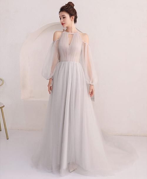 Unique gray tulle long prom dress, gray evening dress cg6676
