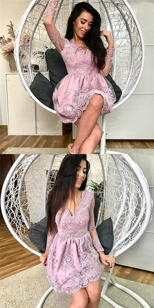 Pink V-neck Long Sleeves Lace Appliques Short Homecoming Dresses cg669