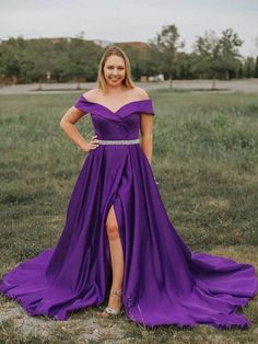 A-Line/Princess Off-The-Shoulder Sweetheart Split-Front Beaded Satin Prom Dresses cg6694