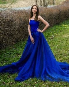 Royal Blue Tulle Strapless Long A Line Evening Dress, Prom Dress cg6718