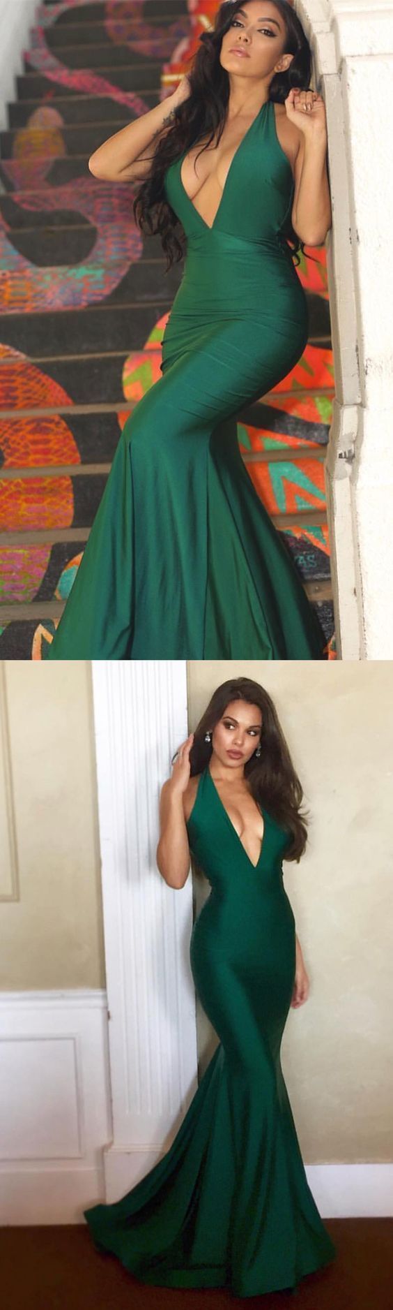 Sexy Deep V Neck Hunter Green Mermaid Long Prom Dress Evening Dress cg6722