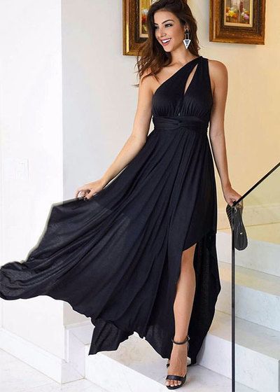 Black Chiffon One Shoulder Prom Dresses A-line Long Cheap Evening Formal Dress High Slit Sexy Party Dresses for Women cg6742