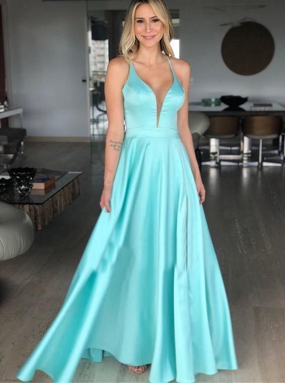 Blue V Neck Long Prom Dress cg6754