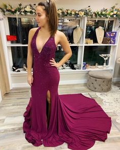 Gorgeous V Neck Mermaid Maroon Long Prom Dress with Train cg6756