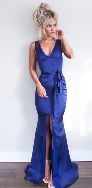 Mermaid Cheap Long V-Neck Floor-Length Royal Blue Prom Dresses with Sash Split cg6762