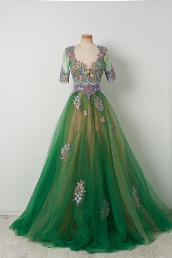 Pupel Appliques Half Sleeves Green Long Tulle prom Dress cg6797