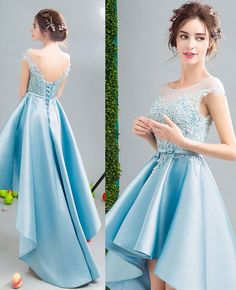 2020 Lovely Custom made high low dresses blue Girls Lace Prom Party Gown cg6833
