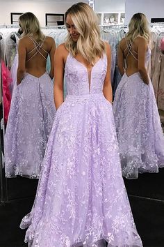 A-Line V-Neck Lilac Long Prom Dress with Appliques cg6841