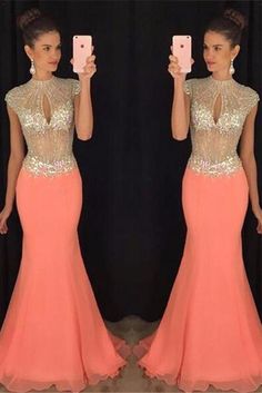 O-Neck Beaded Chiffon Prom Dress Sexy See Through Mermaid Evening Dress cg6855