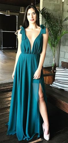 Prom Dresses Elegant, Teal Chiffon V-neck Side Slit Sleeveless Simple Prom Dresses cg6857