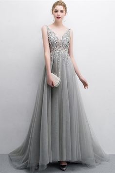 Boho V Back Crystal Sequined Grey Tulle See Through Long A Line Prom Evening Dress cg6858