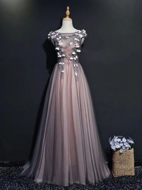 Simple a-line scoop floor length gray pink applique tulle prom dress evening dress cg6883