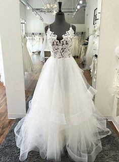White v neck tulle lace long prom dress, wedding dress cg6888