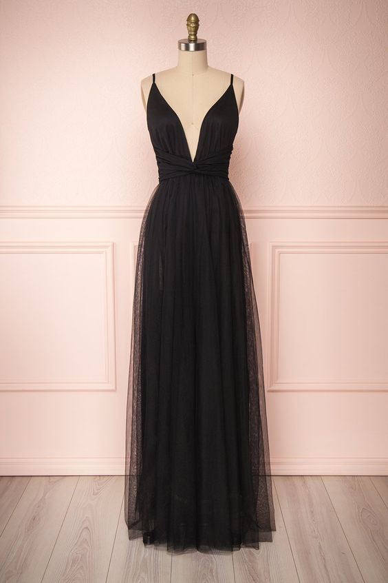 Black Plunging Neckline Tulle Prom Dress,A Line Ball Dress,Evening Dress cg6905