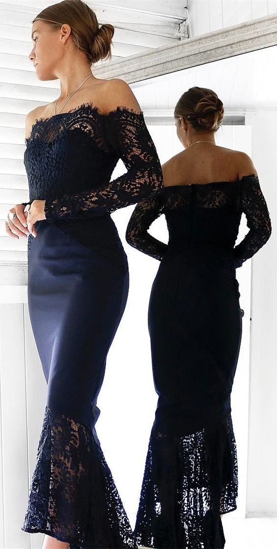 Mermaid Off-the-Shoulder Prom Dress Long Sleeves Navy Blue Cocktail Dress cg6937