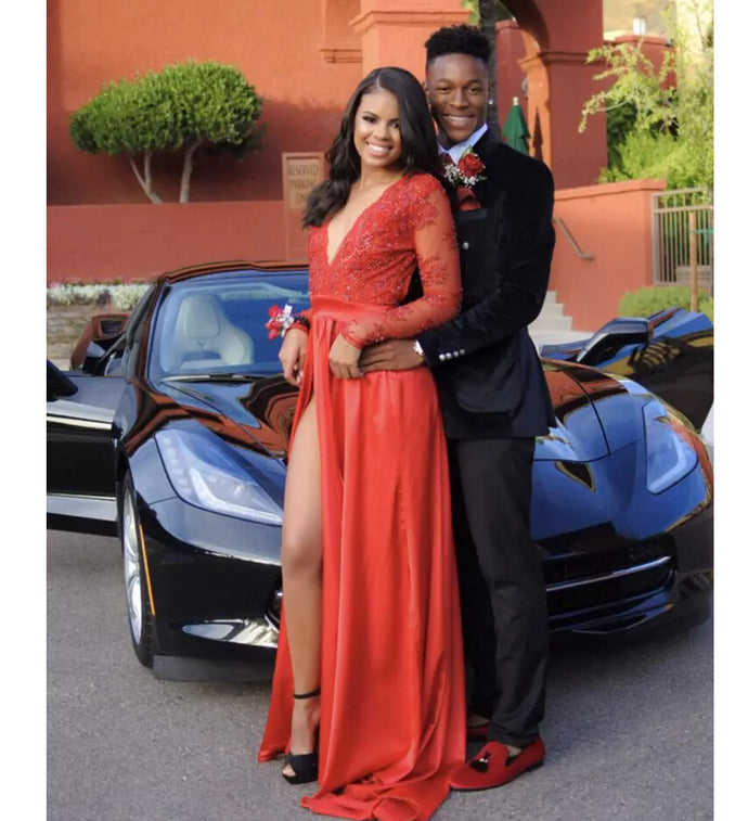 Charming Prom Dress, Sexy Long Sleeve Prom Dresses with Slit, Appliques Evening Dress cg6949