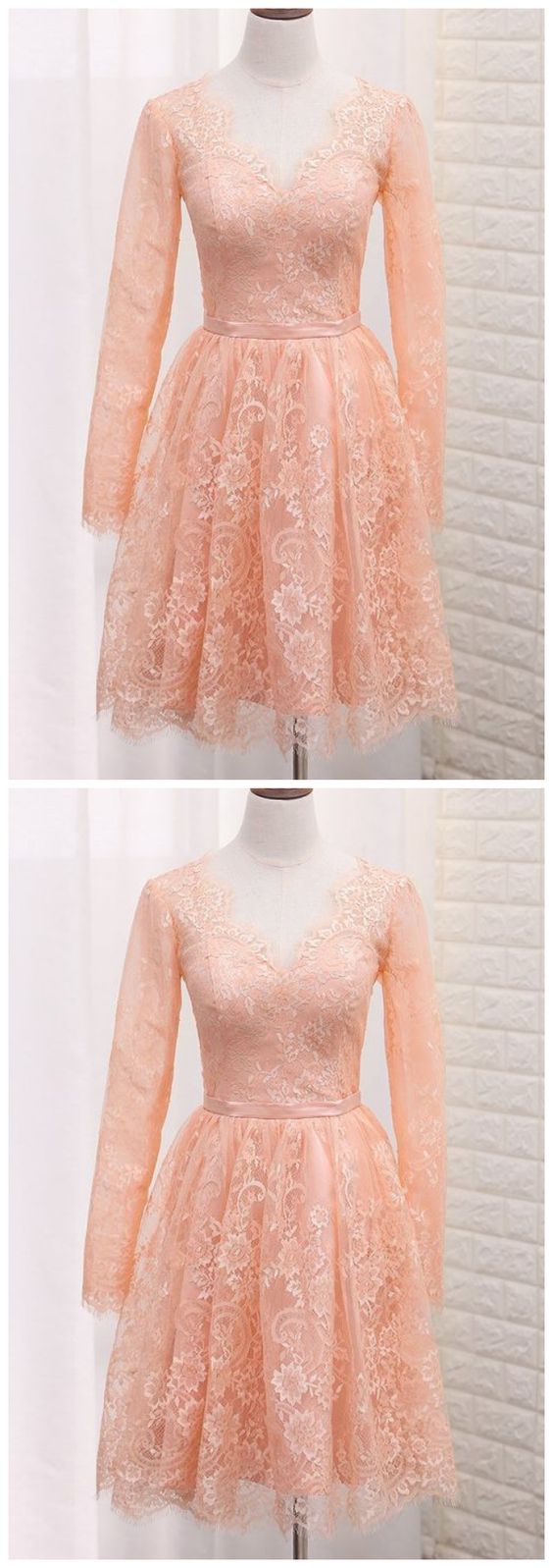 A Line V Neck Long Sleeves Lace Homecoming Dresses With Sash cg6952