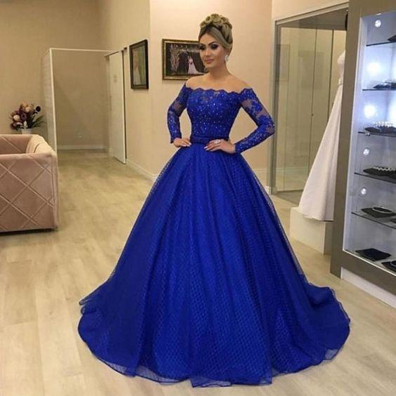 royal blue prom dresses long sleeve detachable skirt ball gown lace evening dresses cg6965