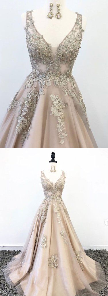 Champagne Tulle V Neck Lace Halter Senior Prom Dress, Formal Dress cg7031