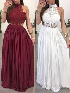 Simple Prom Dress, 2020 Burgundy White Lace High Neck Sleeveless Sheath/Column Chiffon Prom Dresses cg7035