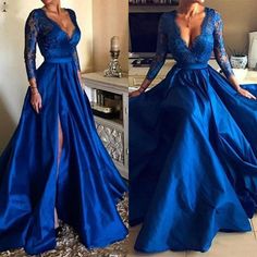 Royal Blue Prom Dresses Long Sleeves Side Split Lace Appliques Elegant Satin Evening Gowns 2020 Sexy Deep V-Neck A-Line Party Dress cg7063