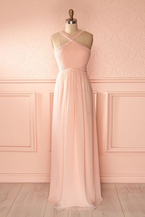 Pink chiffon V neck strapless long sweet 16 prom dress, long open back bridesmaid dress cg7087