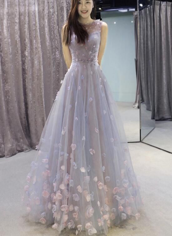 Light Blue Tulle with Flowers Elegant Long Party Gown, Beautiful prom Gown cg7092
