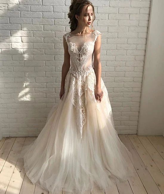 Champagne round neck tulle lace long prom dress, champagne evening dress cg7093