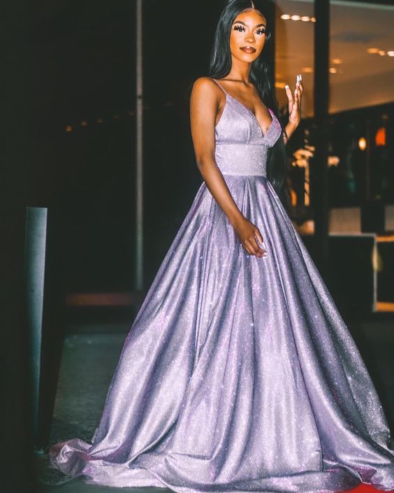 Spaghetti Straps V-neck A-line Metallic Long Prom Dresses cg7096