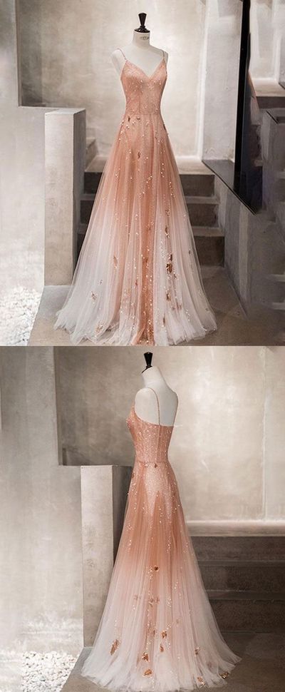 Unique champagne tulle long prom dress, tulle evening dress  cg710