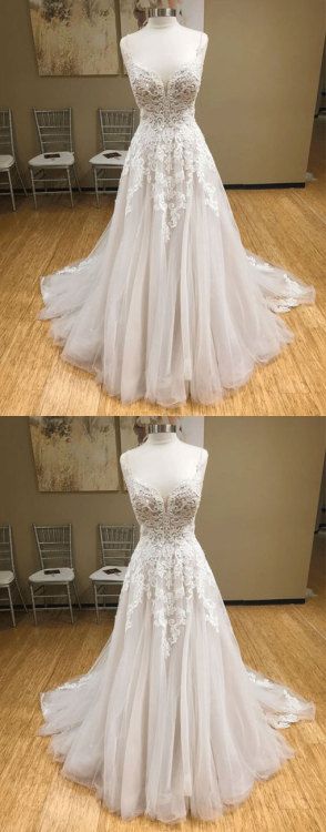 Wh v neck tulle long prom dress, lace evening dress, white lace wedding dress cg7109