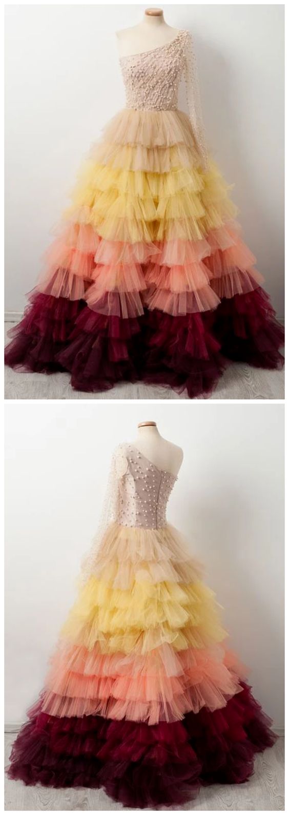 Unique one shoulder tulle beads long prom dress, evening dress cg7111