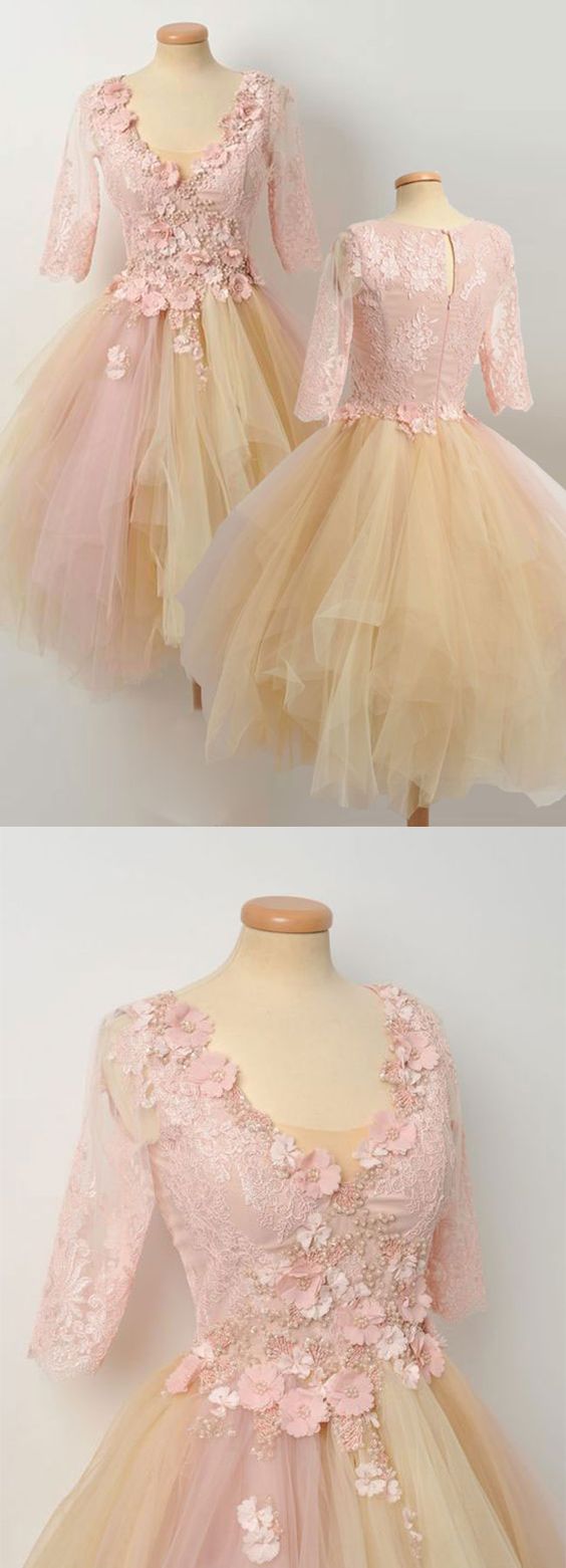 champagne lace tulle prom dress, cute dress cg7113